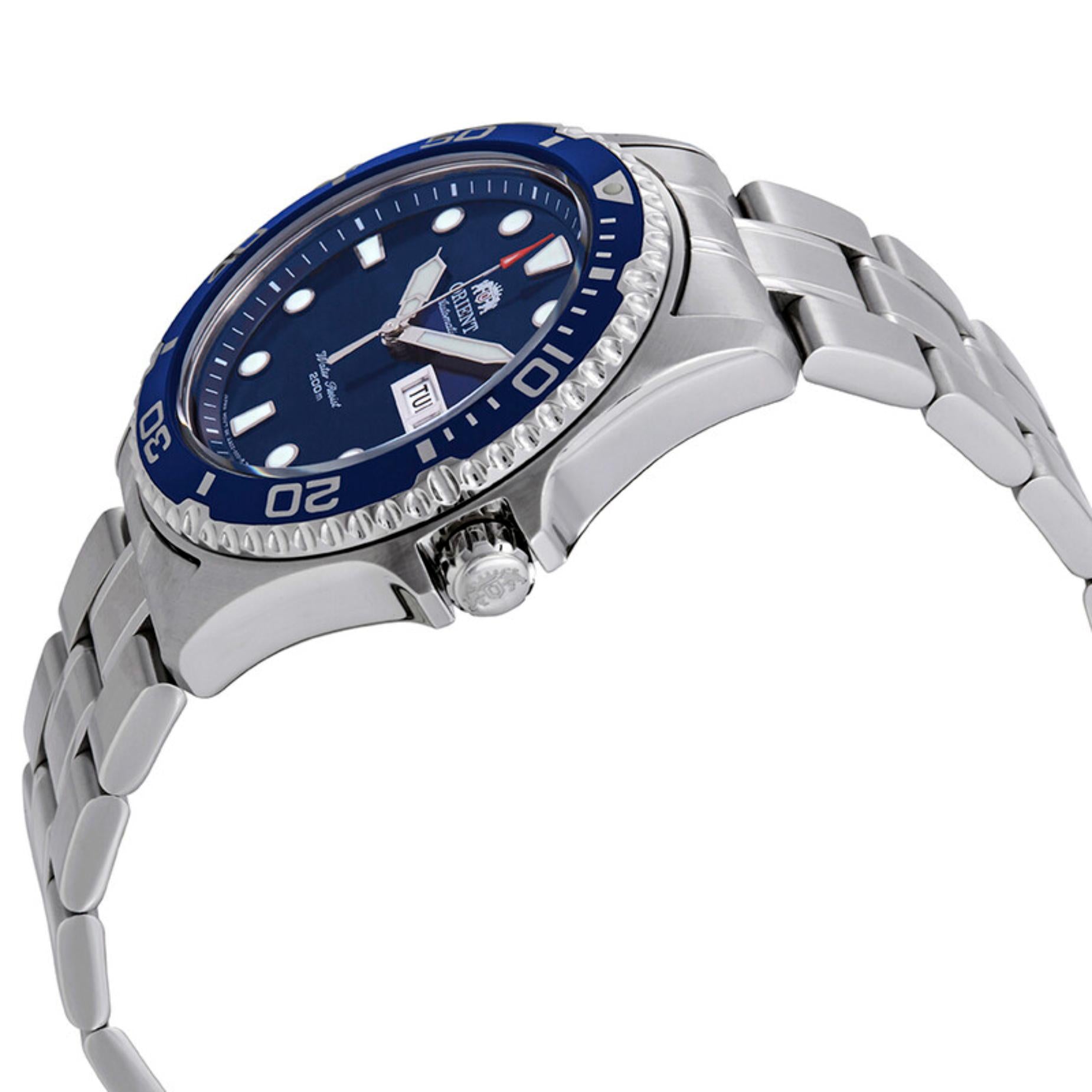 Orient Ray II FAA02005D9 angled side profile view showing the stainless steel case, blue rotating bezel, signed crown, and stainless steel bracelet.