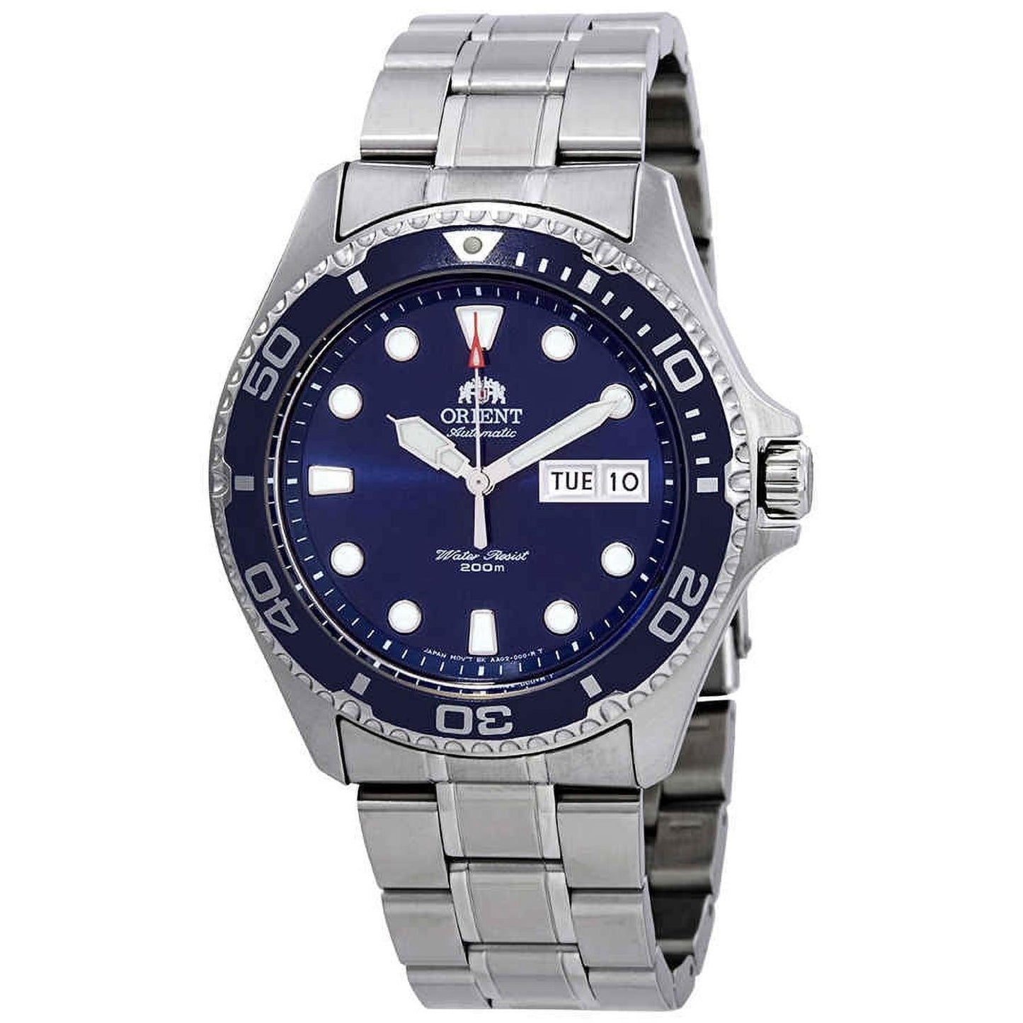 Orient Ray II FAA02005D9 automatic diver watch with blue dial, blue rotating bezel, and stainless steel bracelet.
