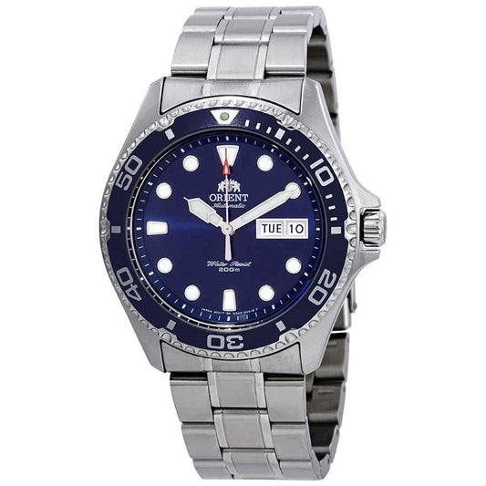 Orient Ray II FAA02005D9 automatic diver watch with blue dial, blue rotating bezel, and stainless steel bracelet.