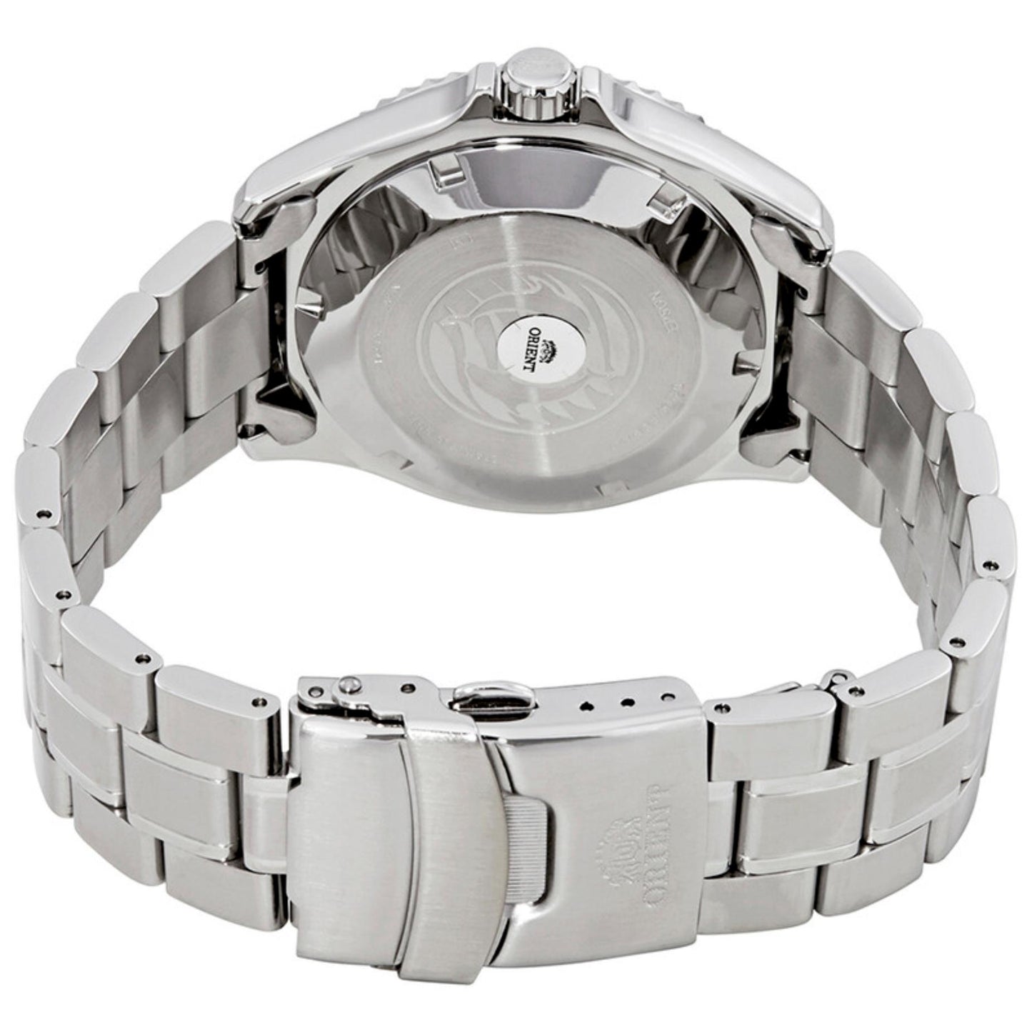 Orient Ray II FAA02005D9 rear view showing the stainless steel caseback, stainless steel bracelet, and fold-over dive clasp closure.
