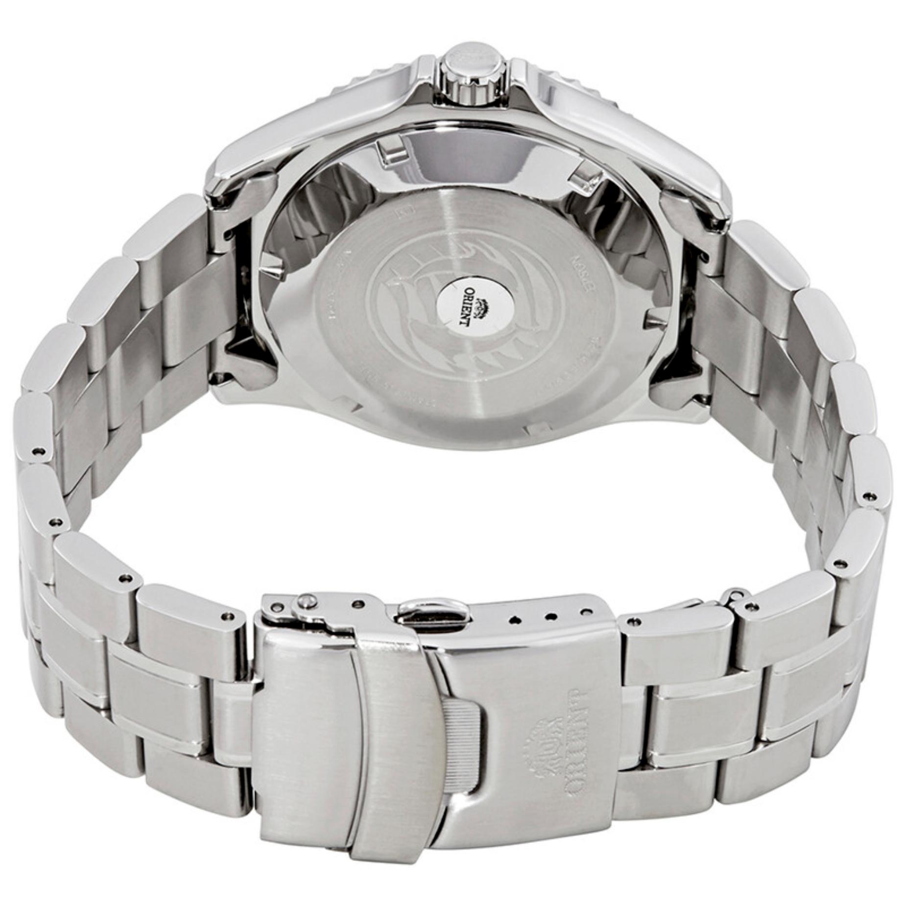 Orient Ray II FAA02005D9 rear view showing the stainless steel caseback, stainless steel bracelet, and fold-over dive clasp closure.