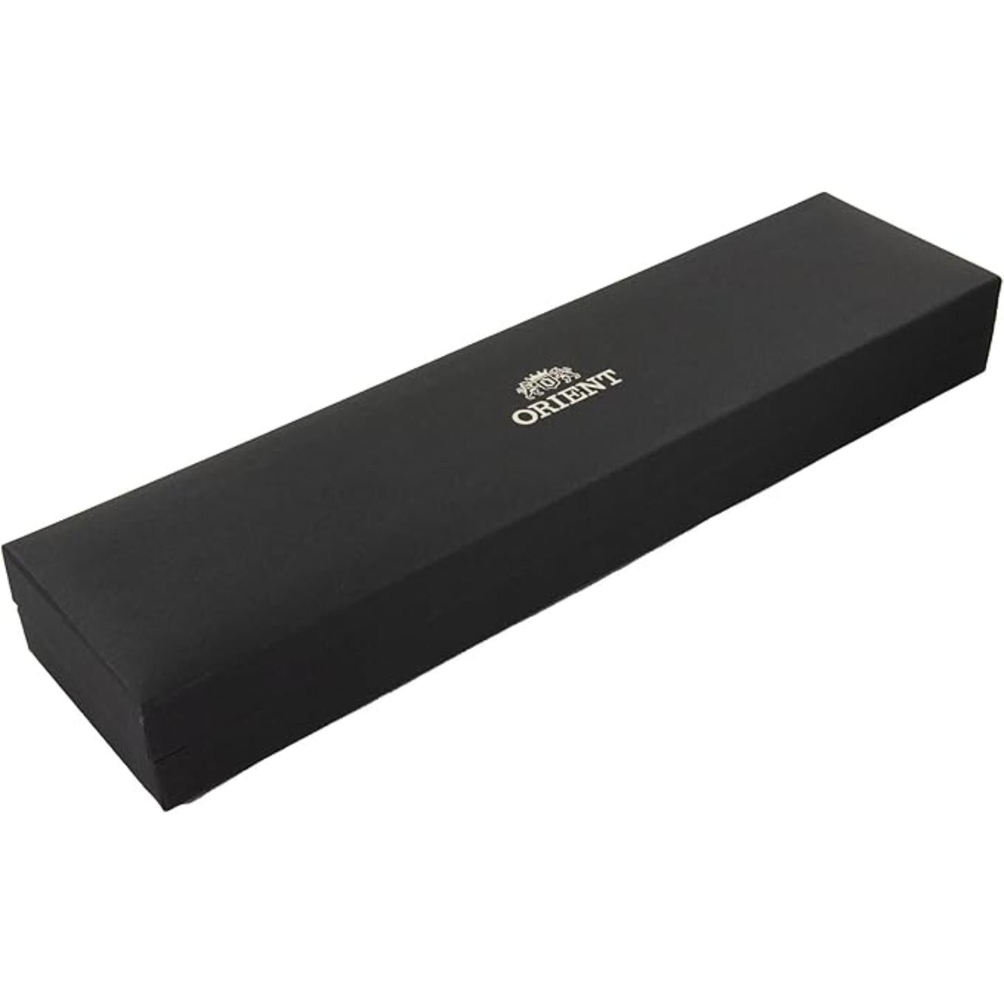 Orient watch presentation box in matte black with silver Orient logo branding on the lid.