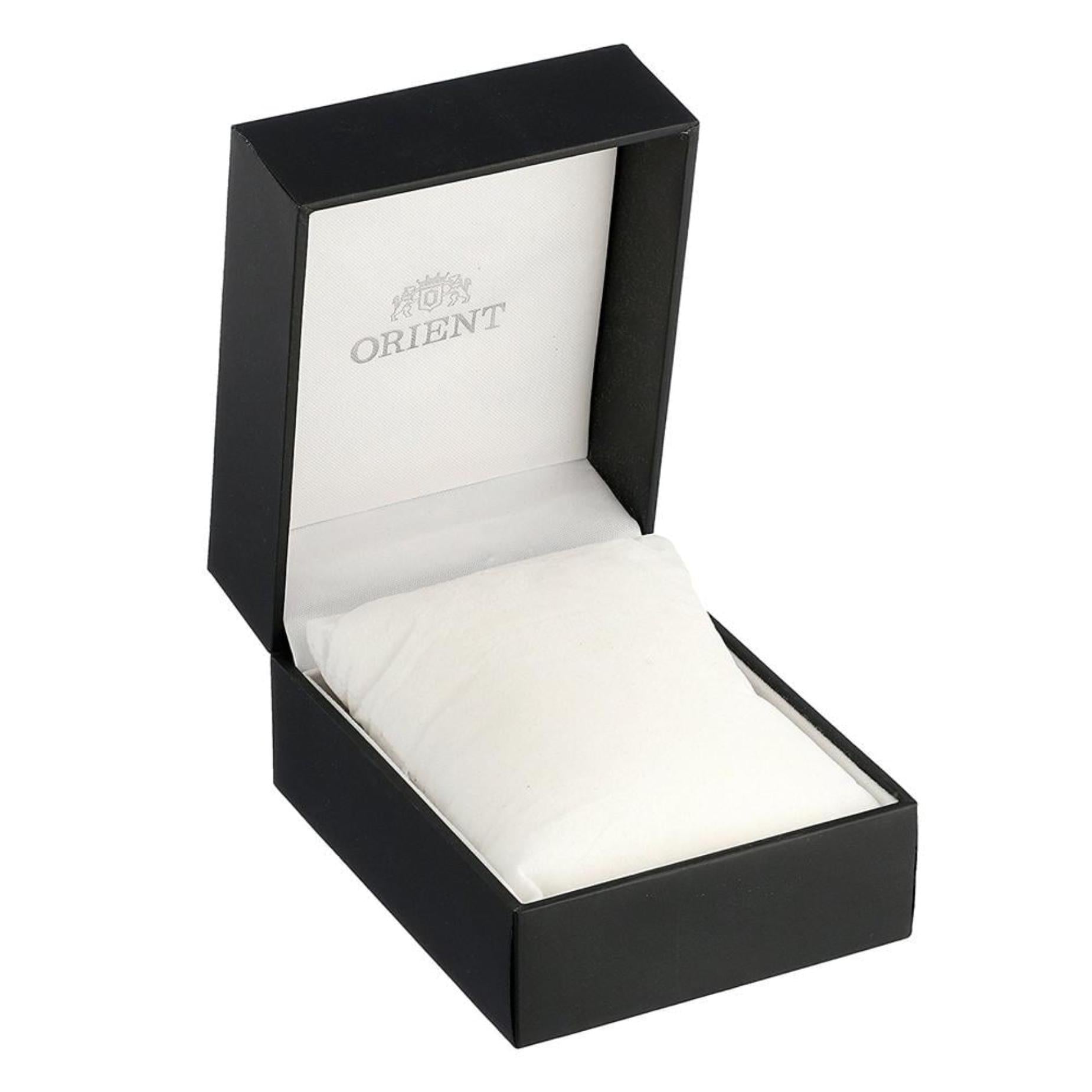 Orient watch presentation box with black exterior, white interior lining, and white display cushion for watch storage.
