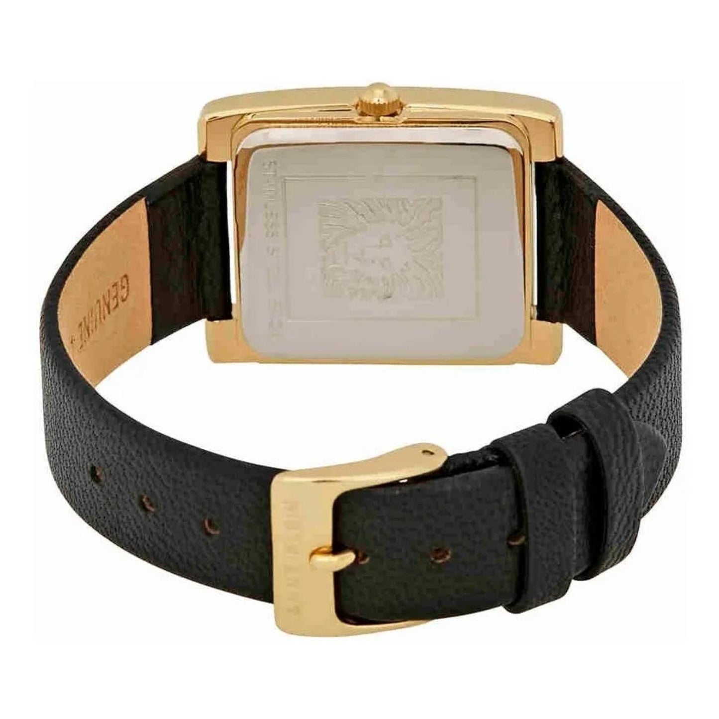 Reloj Anne Klein AK/2706CHBK con caja rectangular dorada y correa negra de piel, detalle del cierre y tapa trasera, vista trasera.