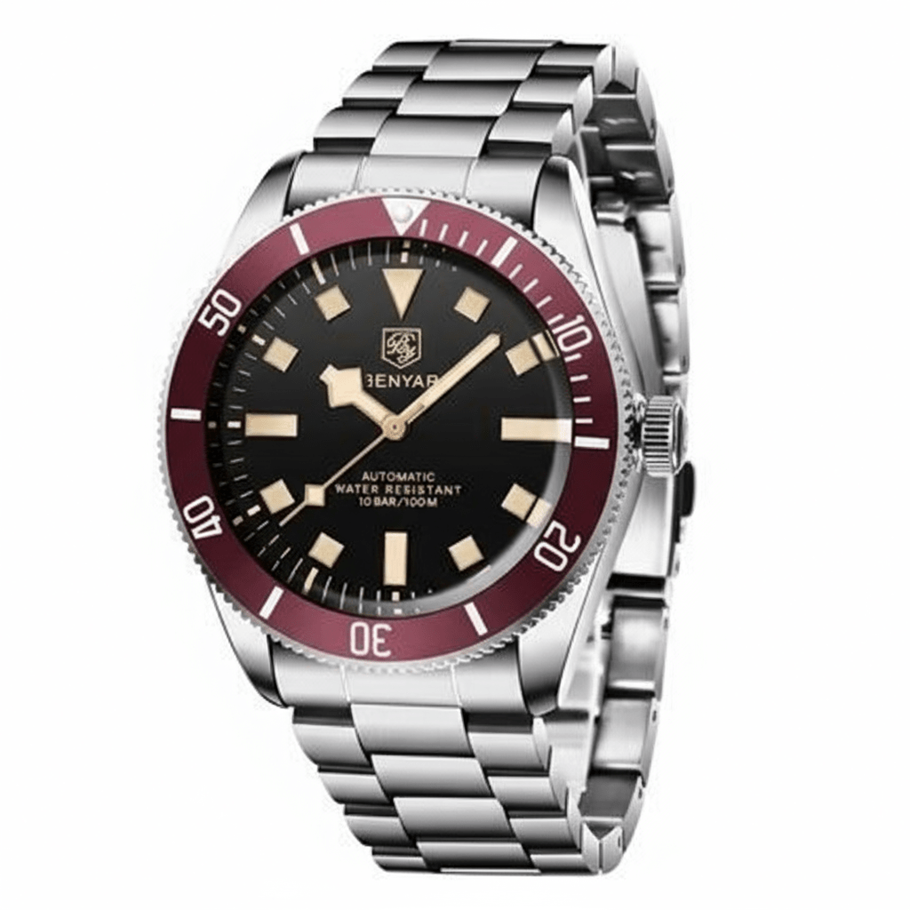 Reloj Benyar BB58 BY-5179M automático para hombre, brazalete de acero, esfera negra y bisel giratorio rojo.