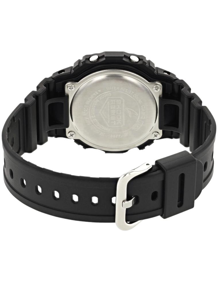 Reloj Casio G-Shock negro digital con correa de resina, vista trasera de la caja y el cierre