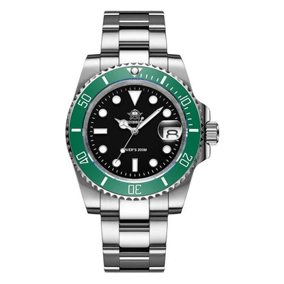 Reloj Addiesdive deportivo esfera negra y bisel verde, vista frontal con brazalete de acero