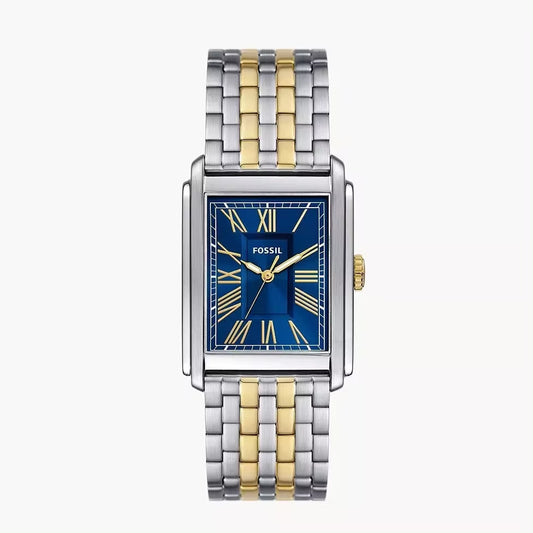 Reloj Fossil Carraway FS6010, caja rectangular acero, brazalete bicolor plata y dorado, esfera azul con números romanos dorados.