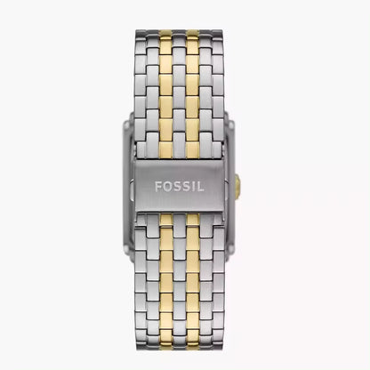 Vista trasera del reloj Fossil Carraway FS6010, brazalete de acero bicolor plata y dorado con cierre de doble pulsador grabado Fossil.
