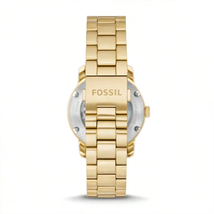 Vista trasera reloj Fossil Heritage ME3226 automático, brazalete dorado, cierre desplegable grabado Fossil.