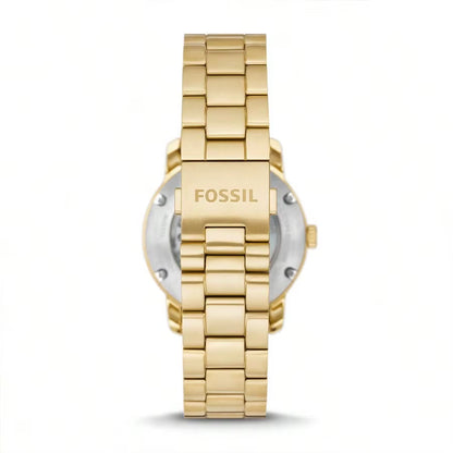 Vista trasera reloj Fossil Heritage ME3226 automático, brazalete dorado, cierre desplegable grabado Fossil.