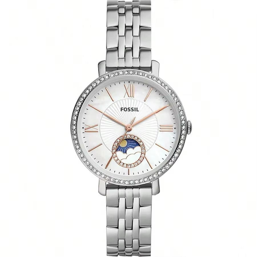 Vista frontal del reloj Fossil Jacqueline ES5164 sun moon multifunción, caja y brazalete de acero, esfera blanca, bisel de cristal y subesfera decorativa.