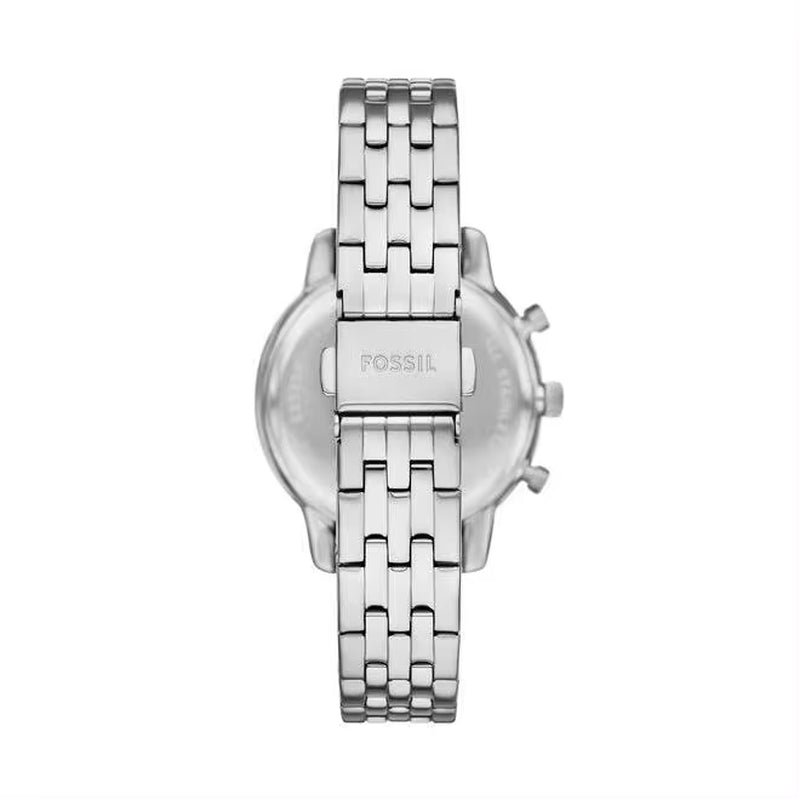Vista trasera del reloj Fossil Neutra ES5357, brazalete de acero inoxidable con cierre desplegable grabado y caja redonda.