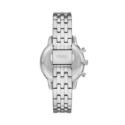 Vista trasera del reloj Fossil Neutra ES5357, brazalete de acero inoxidable con cierre desplegable grabado y caja redonda.