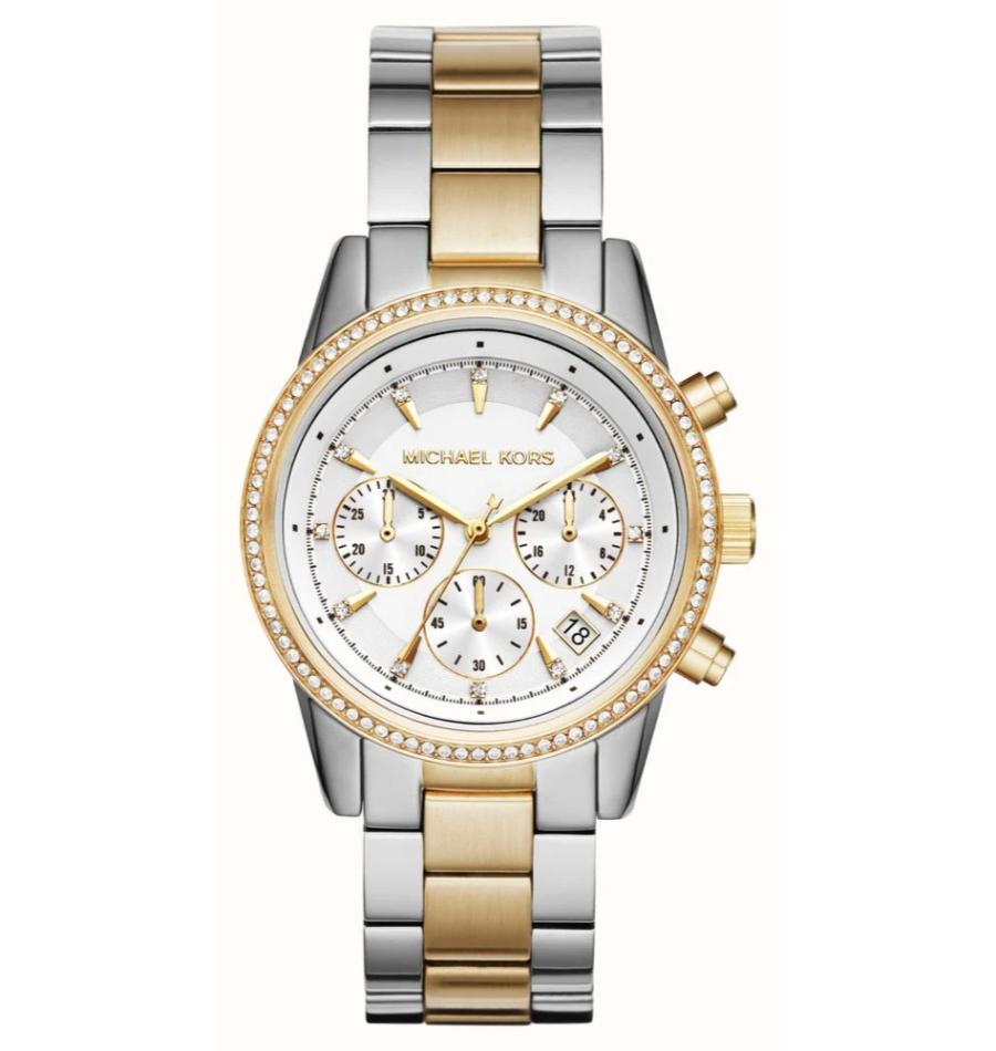 Reloj Michael Kors bicolor en plateado y dorado con esfera clara y función de cronógrafo, vista frontal