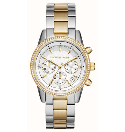 Reloj Michael Kors bicolor en plateado y dorado con esfera clara y función de cronógrafo, vista frontal