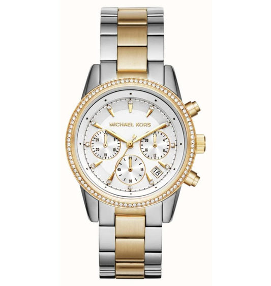 Reloj Michael Kors bicolor en plateado y dorado con esfera clara y función de cronógrafo, vista frontal