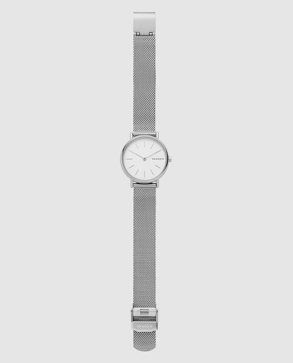 Reloj Skagen plateado con esfera blanca y correa de malla, vista completa del reloj