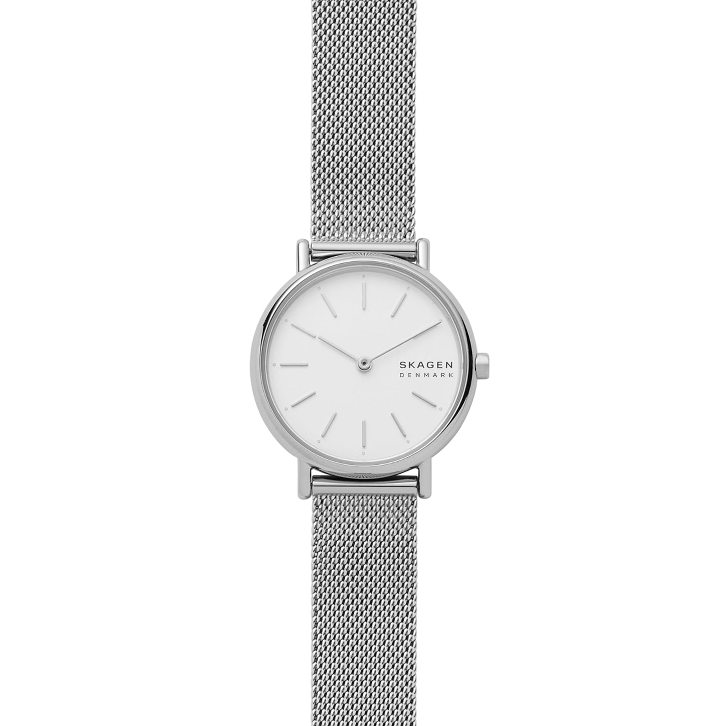 Reloj Skagen plateado con esfera blanca y correa de malla, vista frontal