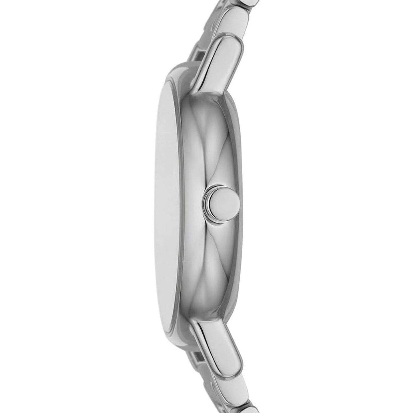 Vista lateral del reloj Skagen Signatur Lille SKW3123 para mujer, caja de acero inoxidable plateado con corona lateral