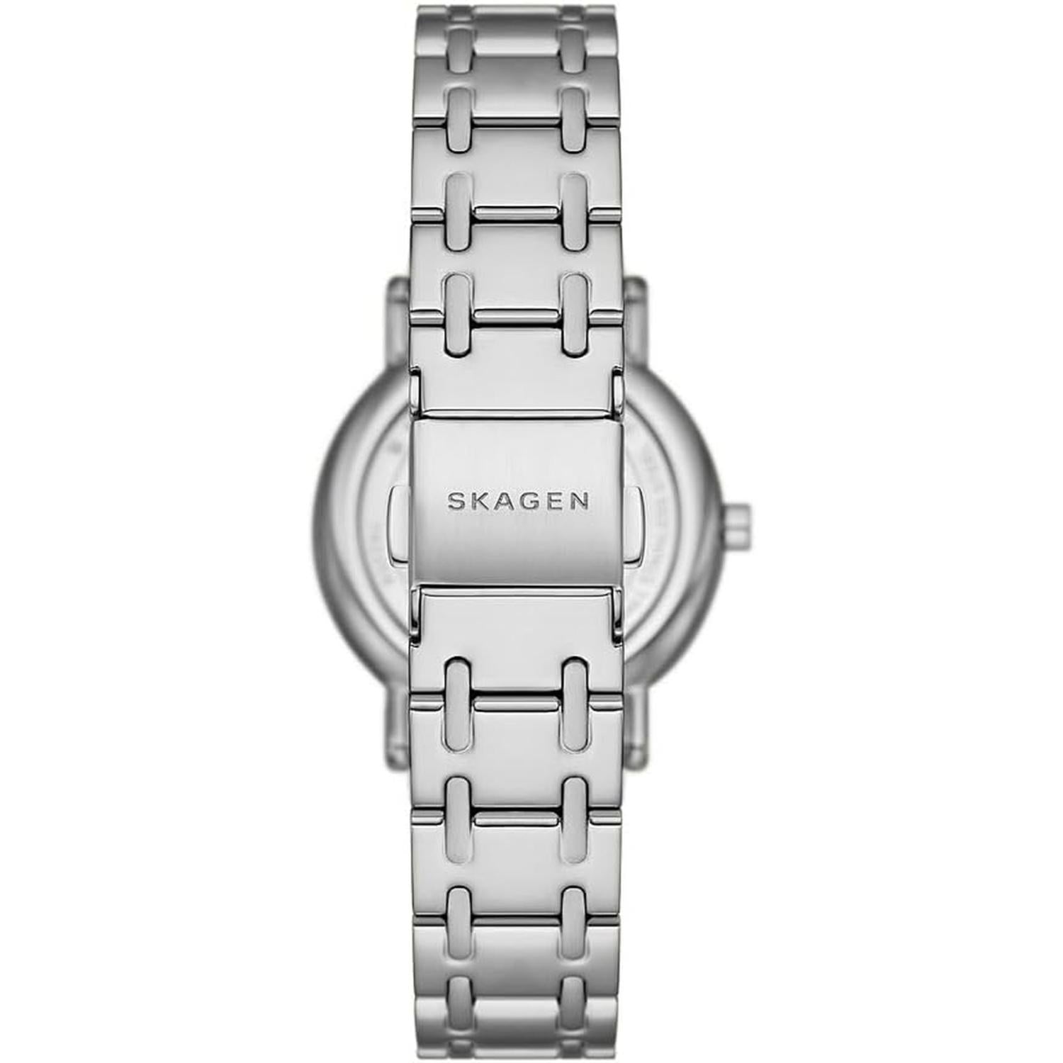 Vista trasera del reloj Skagen Signatur Lille SKW3123 para mujer, brazalete de acero inoxidable plateado con cierre firmado Skagen