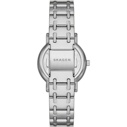 Vista trasera del reloj Skagen Signatur Lille SKW3123 para mujer, brazalete de acero inoxidable plateado con cierre firmado Skagen