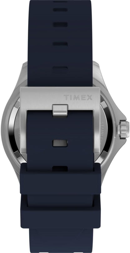 Hebilla del reloj Timex Deepwater con correa de silicona azul y cierre de acero.