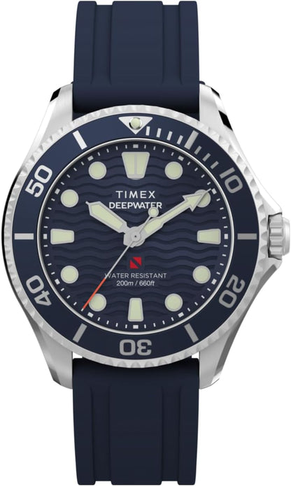 Reloj Timex Deepwater con esfera azul y correa de silicona, vista frontal.