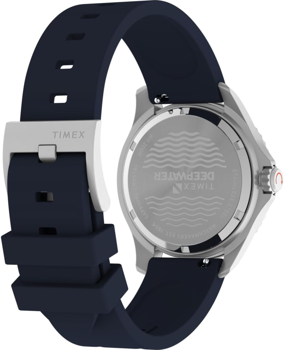Reloj Timex Deepwater con correa azul y tapa trasera de acero inoxidable.