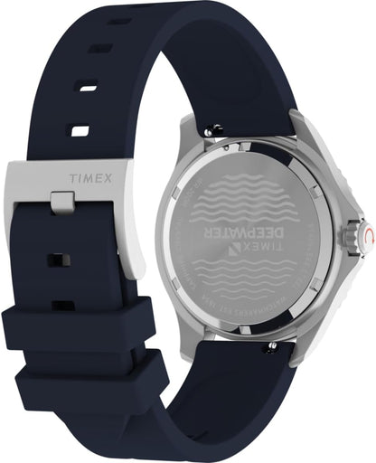 Reloj Timex Deepwater con correa azul y tapa trasera de acero inoxidable.