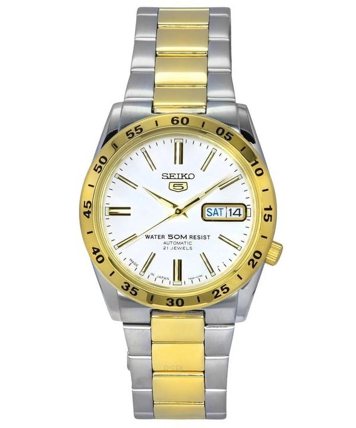 Reloj Seiko 5 automático bicolor con esfera blanca y calendario día y fecha mostrado en vista frontal.