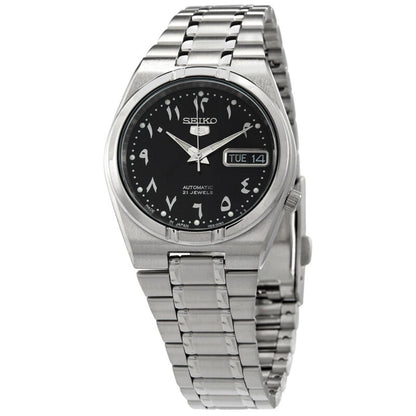 Seiko 5 SNK063J5 automatic watch featuring a black Arabic numeral dial, day-date display, silver-tone case, and stainless steel bracelet.