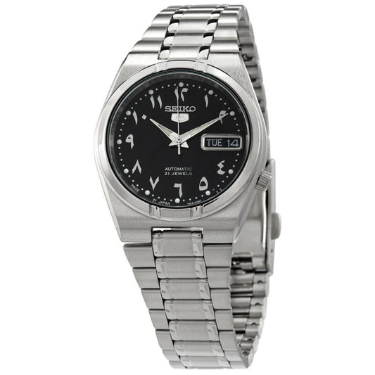 Seiko 5 SNK063J5 automatic watch featuring a black Arabic numeral dial, day-date display, silver-tone case, and stainless steel bracelet.