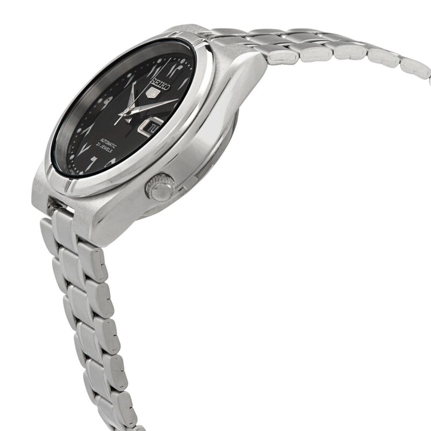 Side profile of the Seiko 5 SNK063J5 automatic watch showing the black Arabic numeral dial, silver-tone case, crown, and stainless steel bracelet.