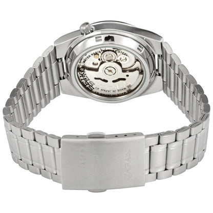 Rear view of the Seiko 5 SNK063J5 automatic watch showing the exhibition caseback, visible mechanical movement, stainless steel bracelet, and Seiko-branded clasp.
