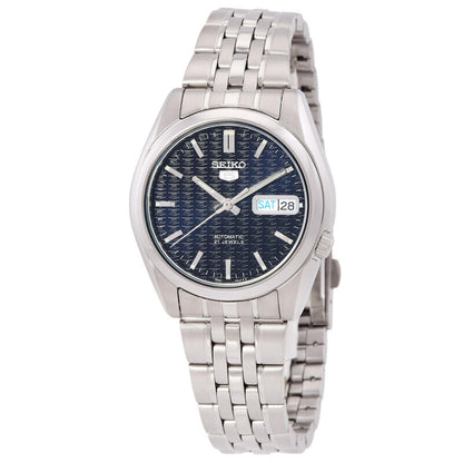 Seiko 5 SNK357K1 automatic watch featuring a textured blue dial, silver-tone hour markers, day-date display, and stainless steel bracelet.
