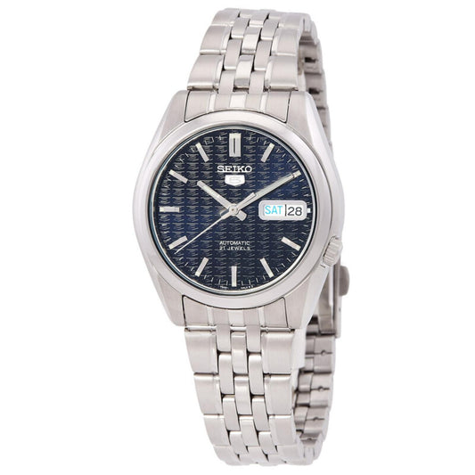 Seiko 5 SNK357K1 automatic watch featuring a textured blue dial, silver-tone hour markers, day-date display, and stainless steel bracelet.