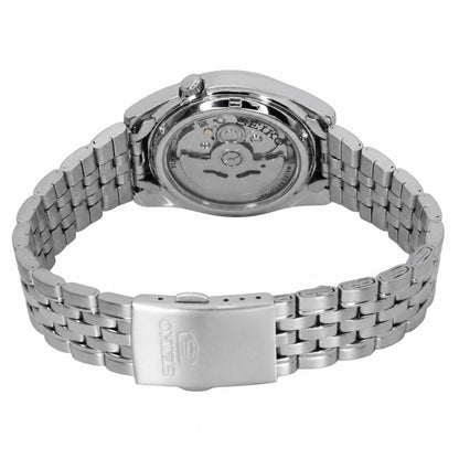 Rear view of the Seiko 5 SNK357K1 automatic watch showing the exhibition caseback, visible mechanical movement, stainless steel bracelet, and Seiko-branded clasp.