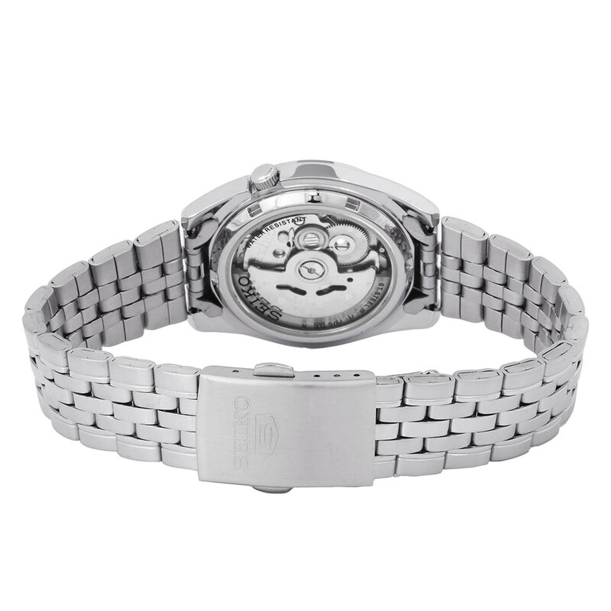 Seiko 5 SNK361K1 automatic watch showing the exhibition caseback and stainless steel link bracelet.
