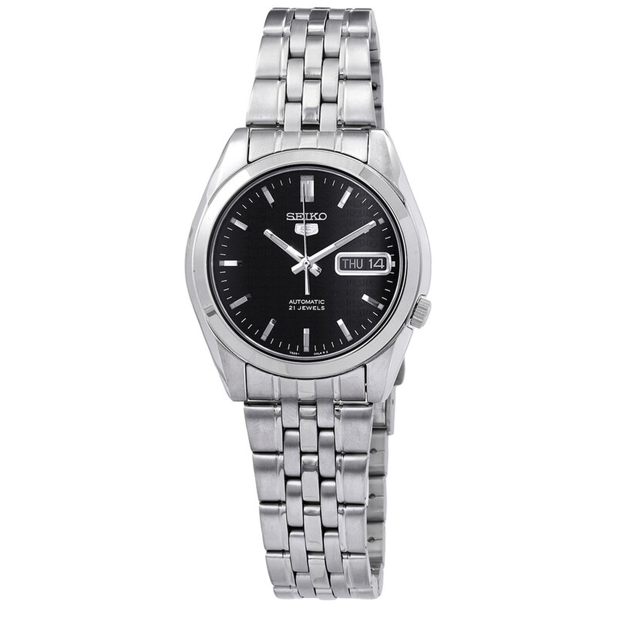 Seiko 5 SNK361K1 men's automatic watch with a black dial, day-date window, and multi-row stainless steel bracelet.