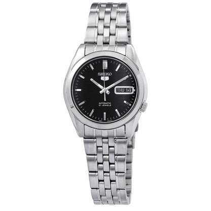 Seiko 5 SNK361K1 men's automatic watch with a black dial, day-date window, and multi-row stainless steel bracelet.