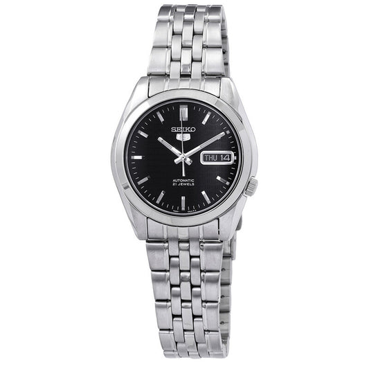 Seiko 5 SNK361K1 men's automatic watch with a black dial, day-date window, and multi-row stainless steel bracelet.