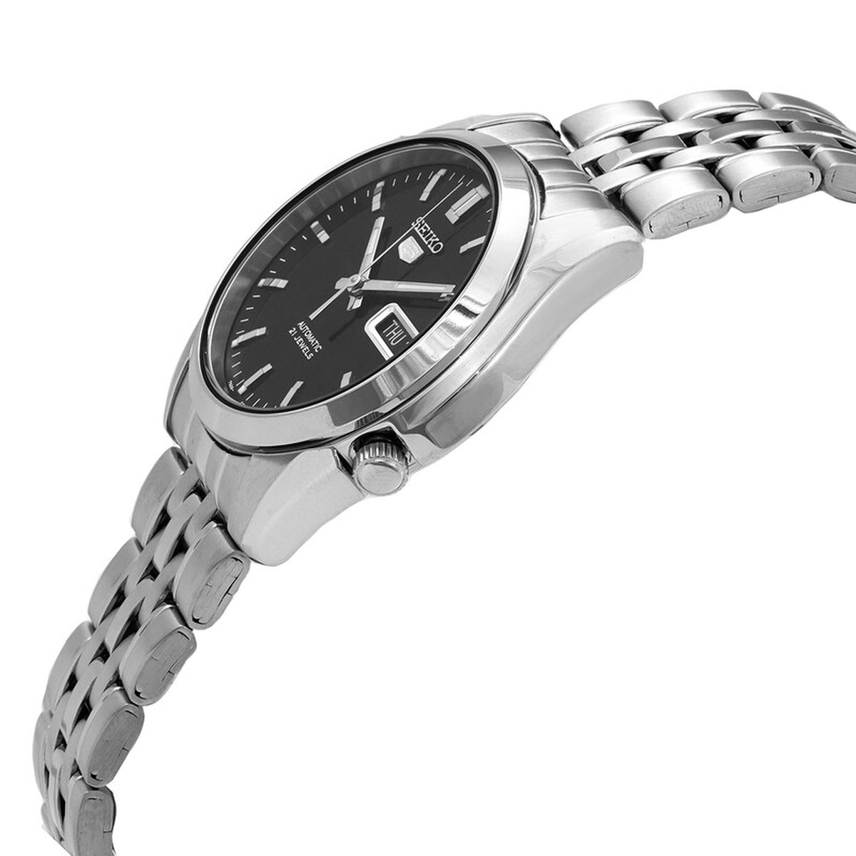 Seiko 5 SNK361K1 automatic watch angled profile highlighting the stainless steel case and crown at the four o'clock position.