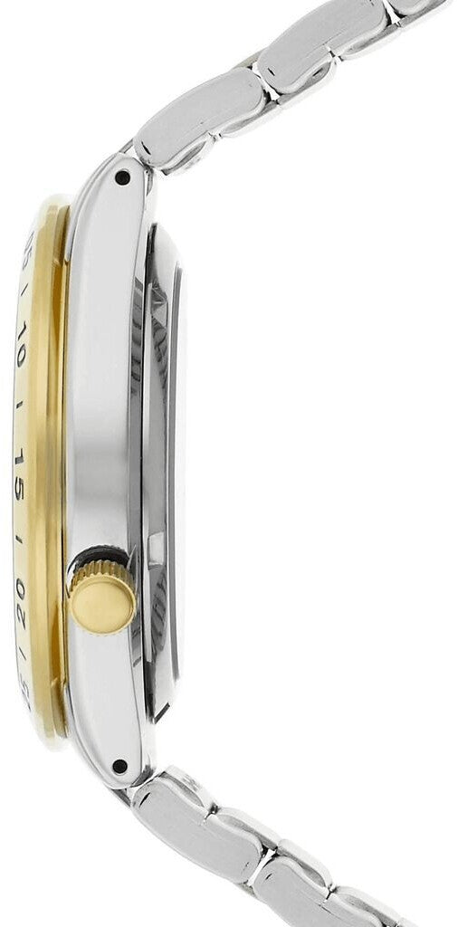 vista lateral de la caja del reloj Seiko con acabado metálico, corona en tono dorado y brazalete de acero inoxidable