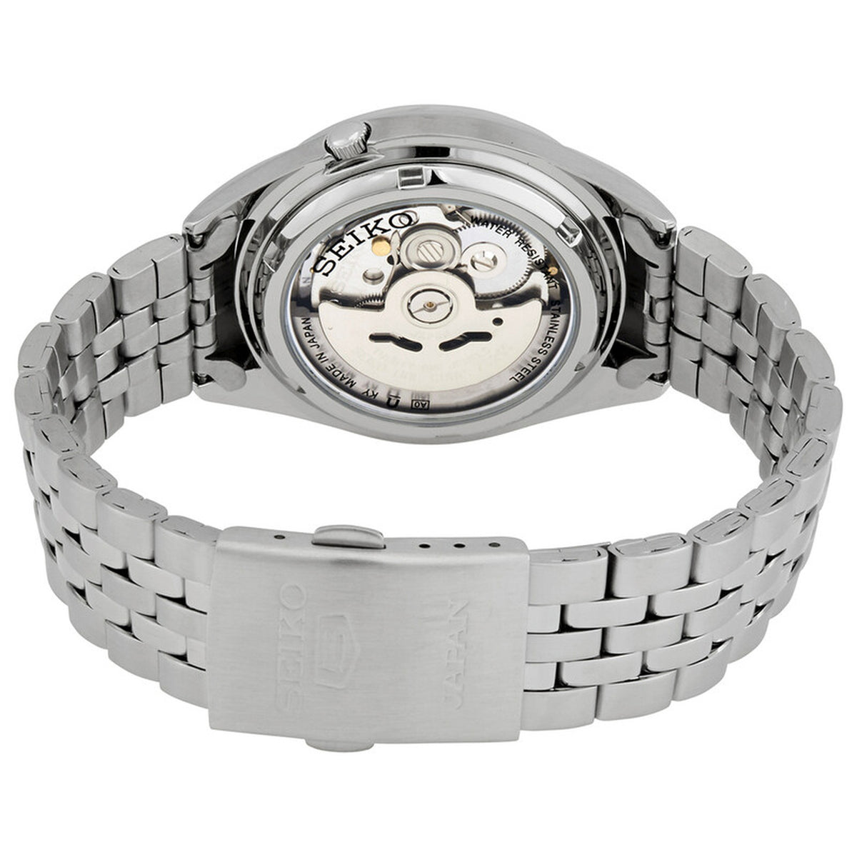 Seiko 5 SNKL23J1 automatic watch exhibition caseback and stainless steel bracelet clasp