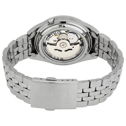 Seiko 5 SNKL23J1 automatic watch exhibition caseback and stainless steel bracelet clasp