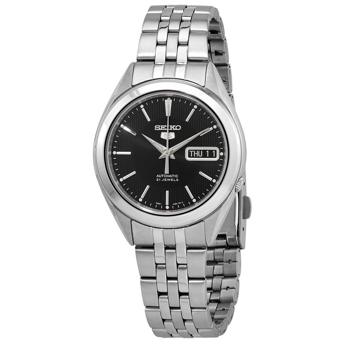 Seiko 5 SNKL23J1 men's automatic watch with a black dial and stainless steel bracelet in studio layout