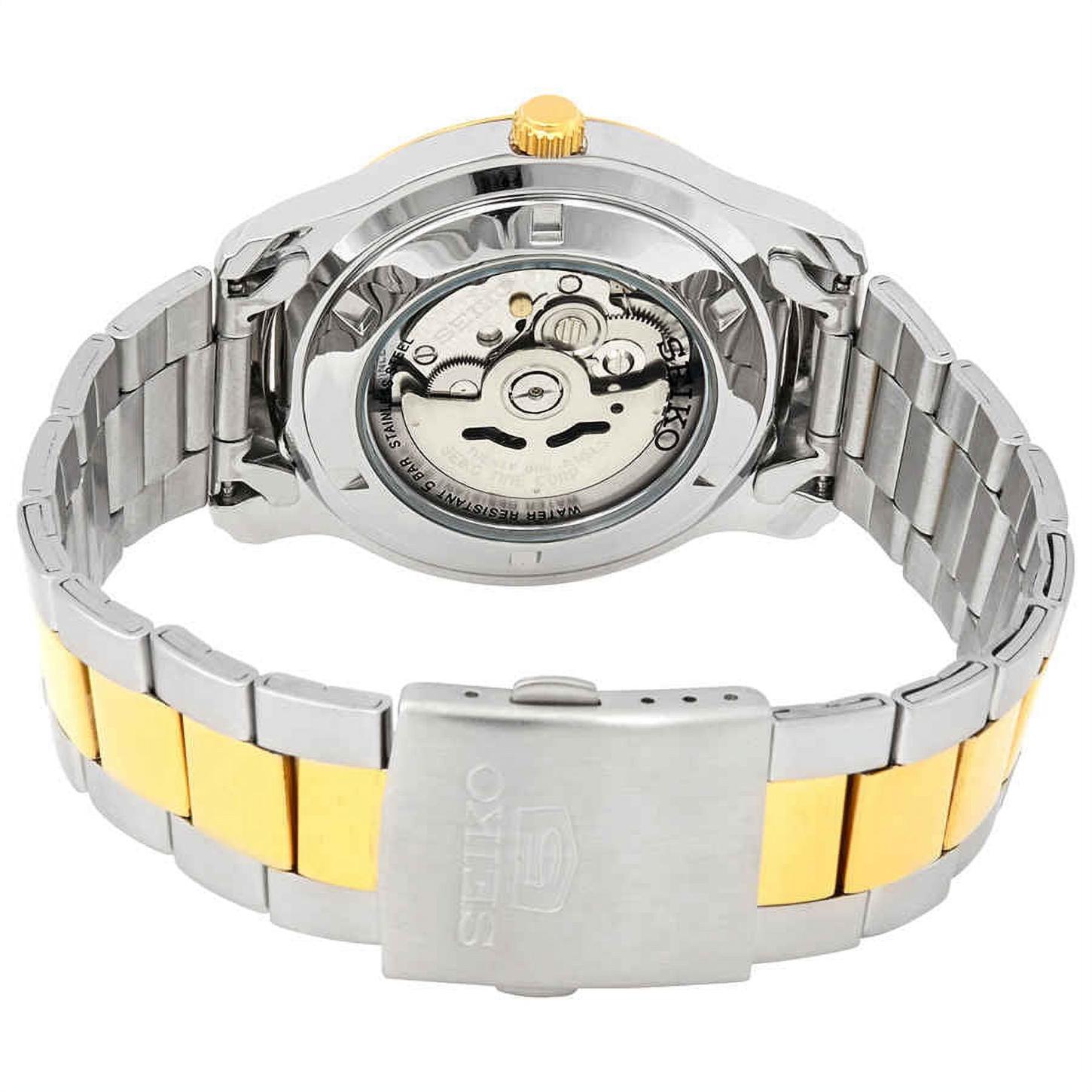 Seiko 5 SNKP14K1 automatic dress watch with exhibition caseback, visible automatic movement and two-tone stainless steel bracelet.