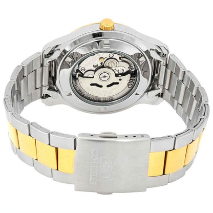 Seiko 5 SNKP14K1 automatic dress watch with exhibition caseback, visible automatic movement and two-tone stainless steel bracelet.
