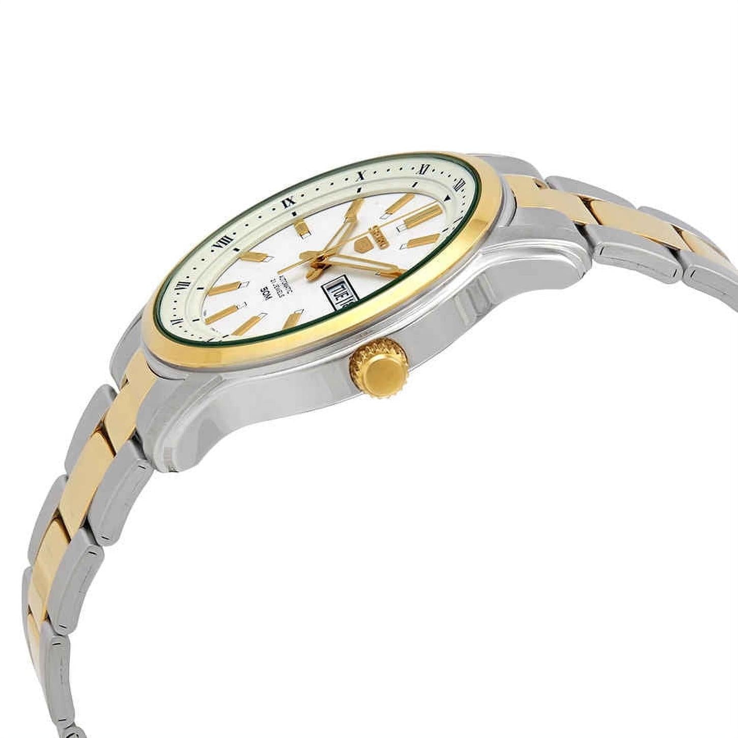 Seiko 5 SNKP14K1 automatic dress watch with white dial, gold-tone bezel, two-tone stainless steel bracelet and slim case shown in side profile.